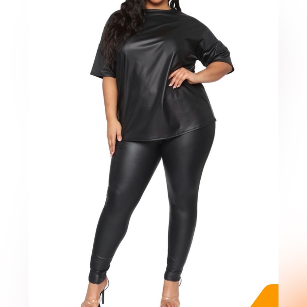 Faux Leather Plus Size Crew Neck Casual Pant Set